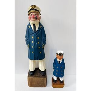 Vintage Hand Carved Sailor Figures Pair Nautical Folk Art Wood Captain Pipe